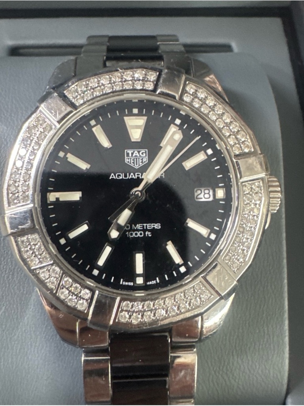 #112 Tag Heuer Aquaracer Silver Bracelet Black Dial Diamond Bezel